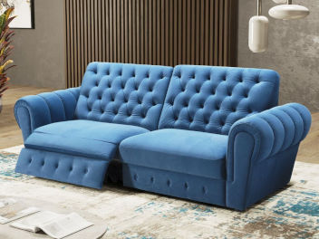 A blue sofa, classic style, two seats.